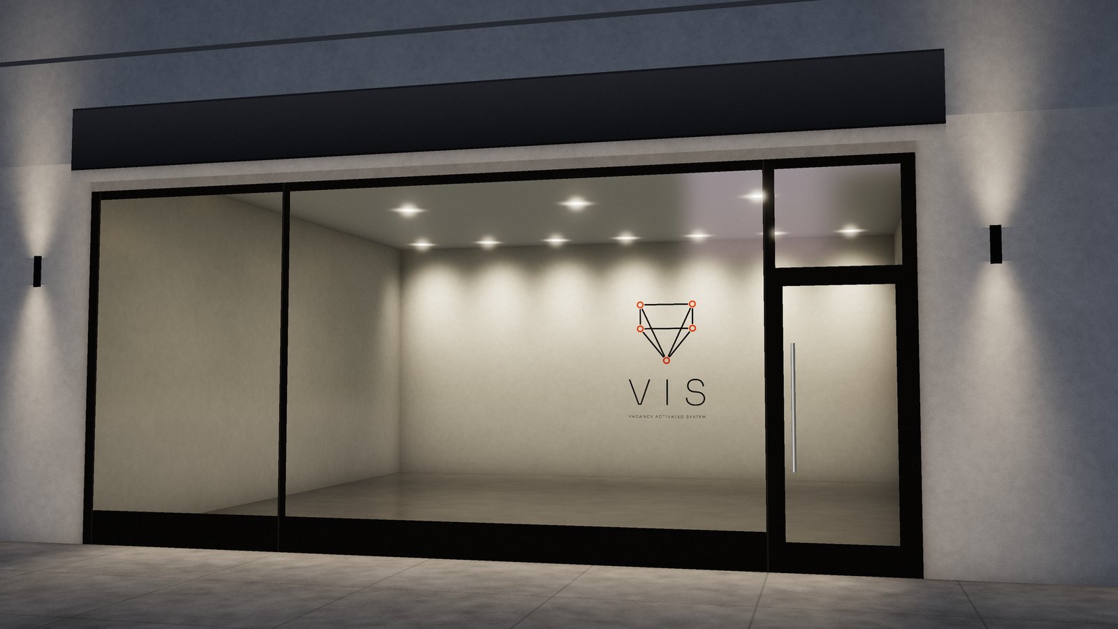 Render: night street view of a vacant retail space, with the VIS mark painted on its indoor back wall