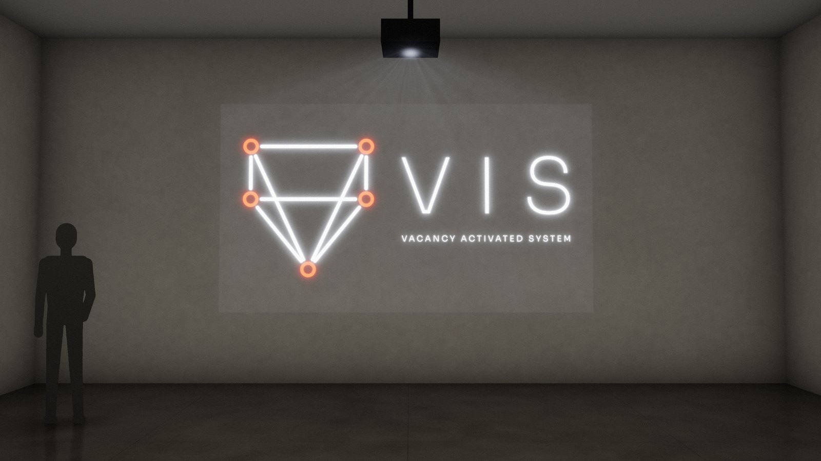 Render: the horizontal VIS logo projected on the indoor back wall of a vacant space