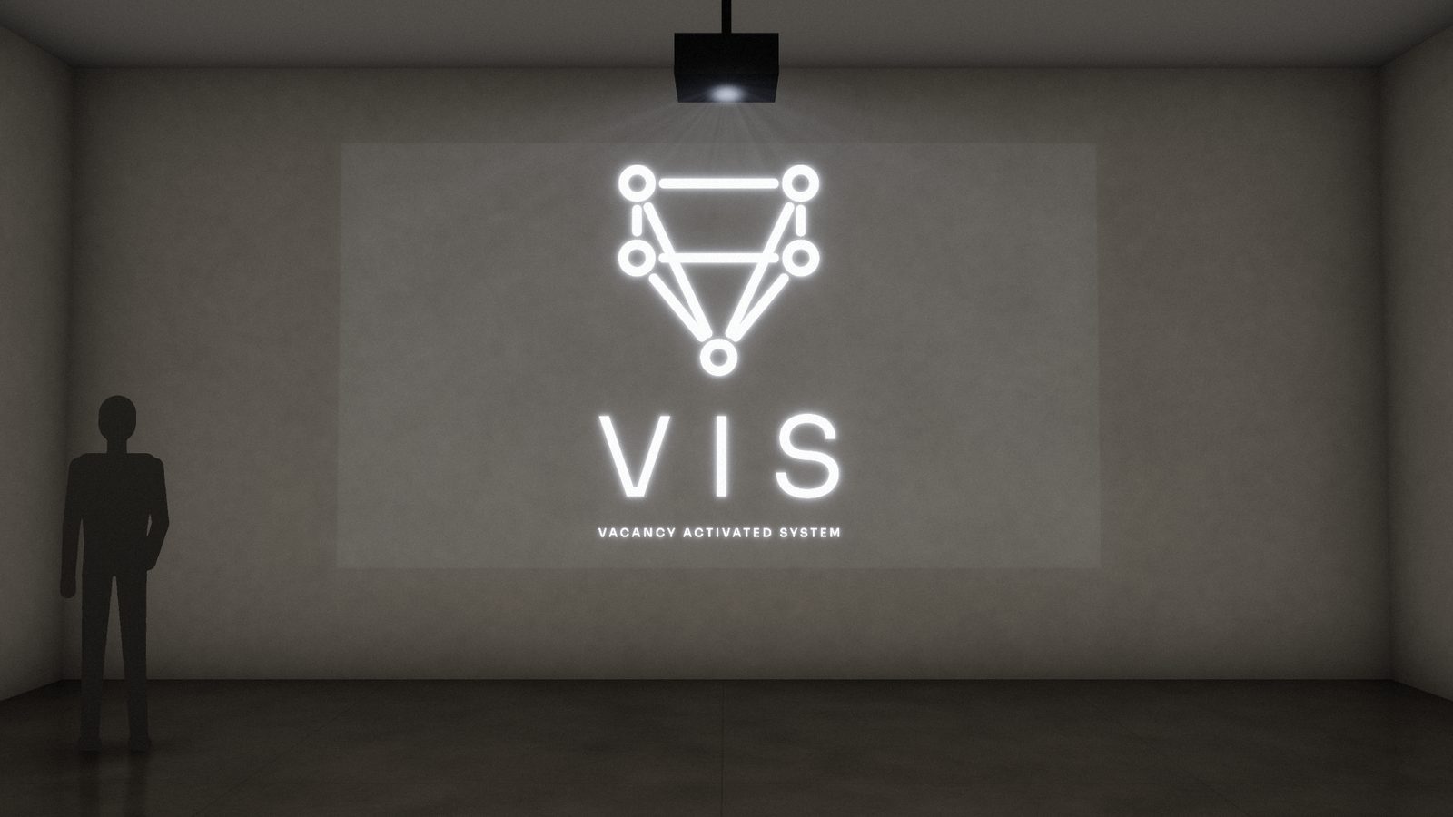 Render: a ceiling-mounted projector casting the VIS mark onto the indoor back wall of a vacant space