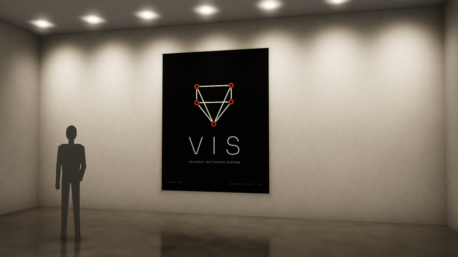 Render: a lit static panel on the indoor back wall of an empty retail space