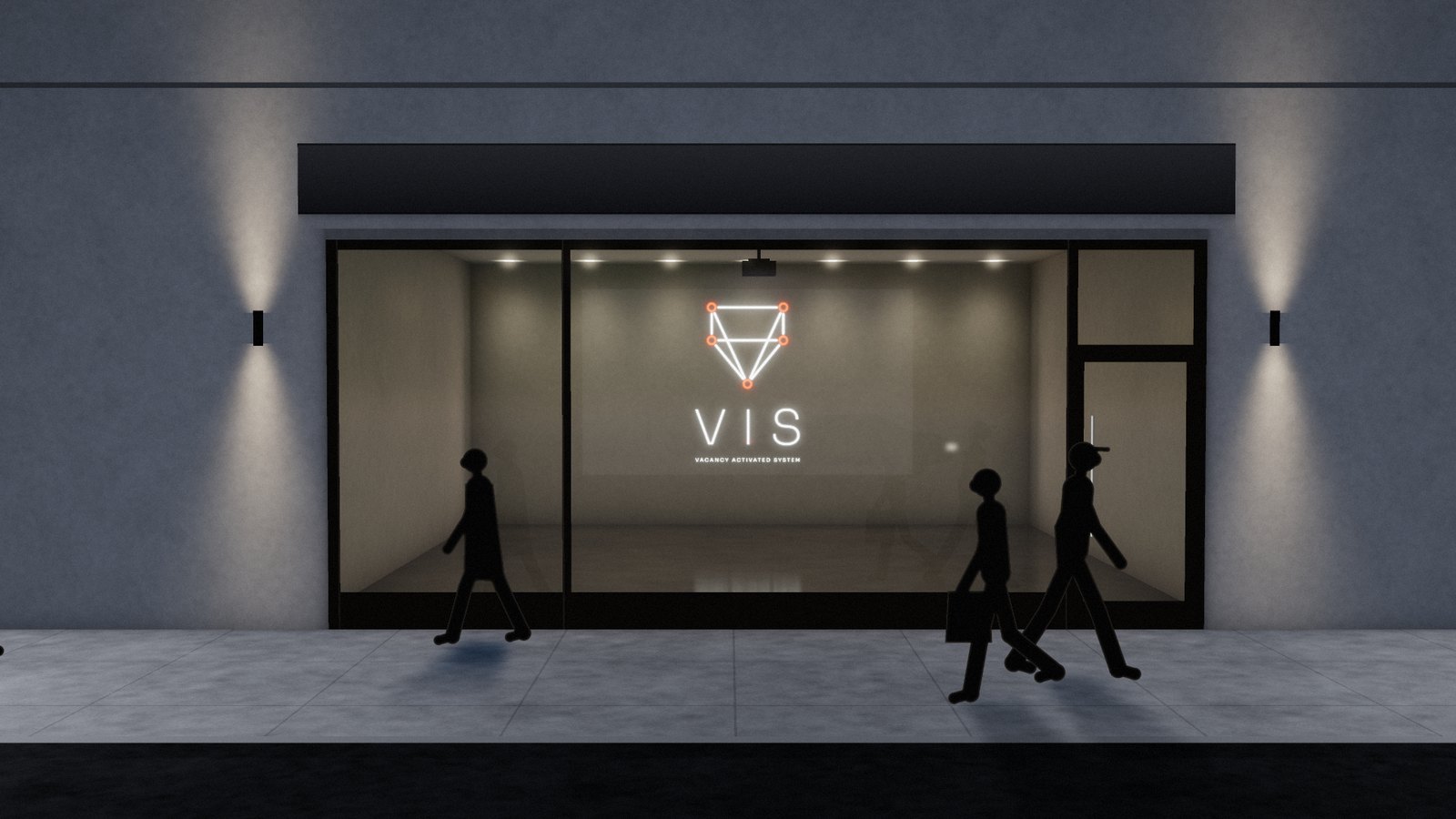Render: dusk street view of a vacant retail space; the VIS mark is projected on the lit back wall deep inside as people walk past