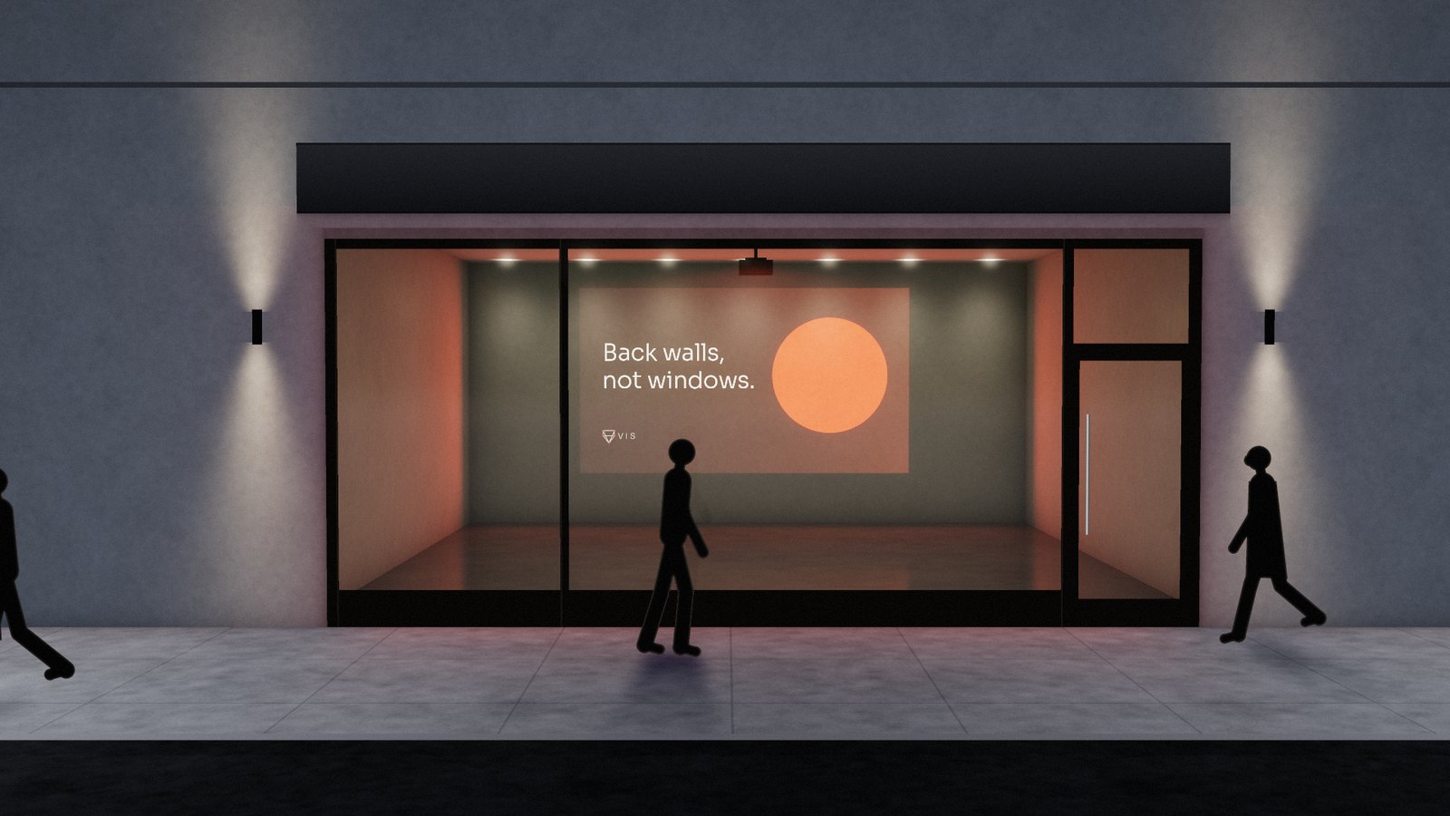 Render: dusk street view; a ceiling-mounted projector lights the back wall deep inside a vacant retail space with the VIS mark and the line 'Back walls, not windows.' as people walk past